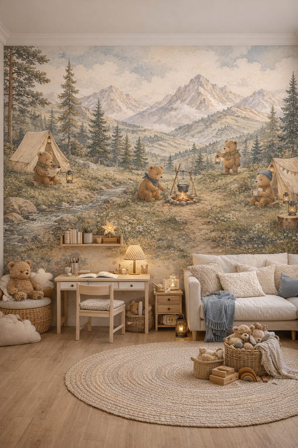 Whimsical Boho terracotta teddy bears featuring camping tents - Wall Mural Peel and Stick Wallpaper for Whimsical Boho Homework / Study Corner.