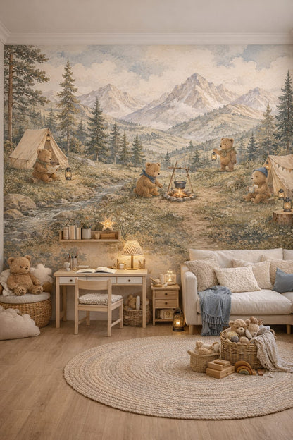 Whimsical Boho terracotta teddy bears featuring camping tents - Wall Mural Peel and Stick Wallpaper for Whimsical Boho Homework / Study Corner.