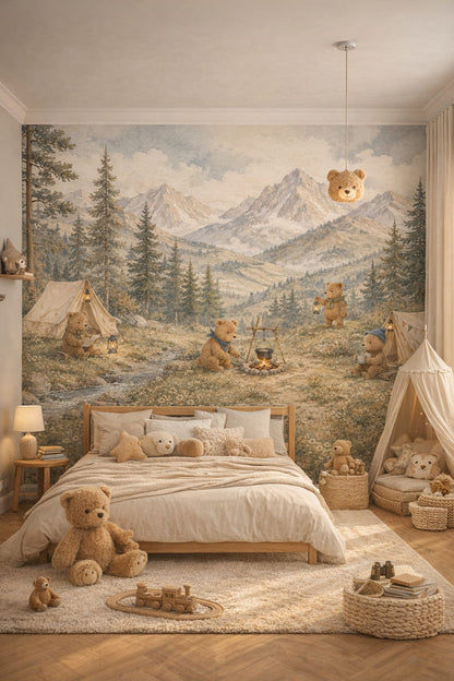 Olive sand teddy bears featuring mountain landscape - Wall Mural Peel and Stick Wallpaper for Modern Safari Kids Bedroom.