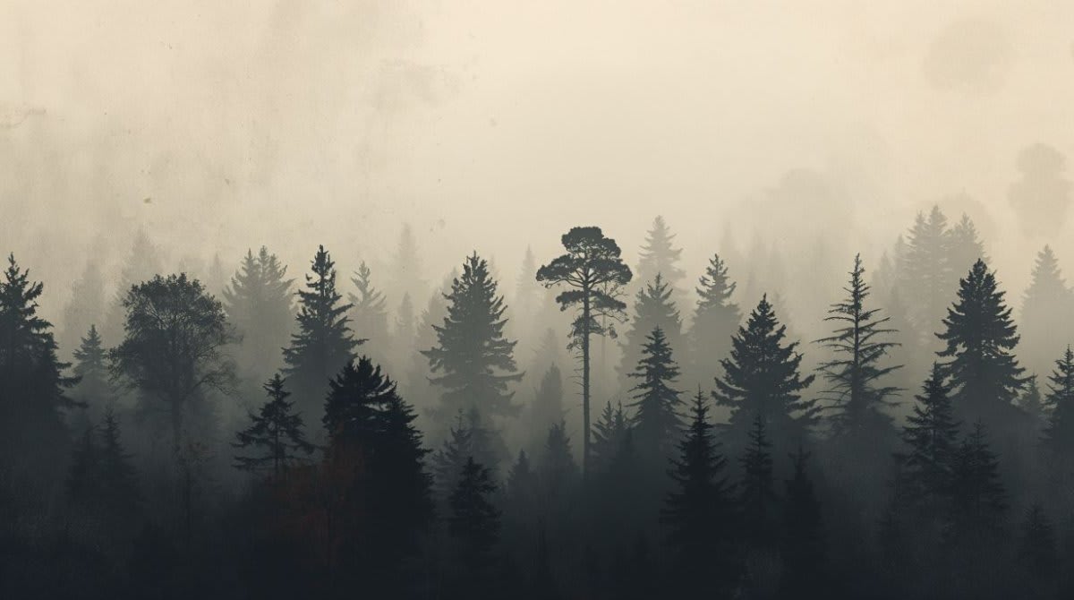 Moody atmospheric Charcoal Gray misty forest featuring pine trees and fog - Wall Mural & Peel and Stick Wallpaper for Moody Interiors and Premium Home Styling.