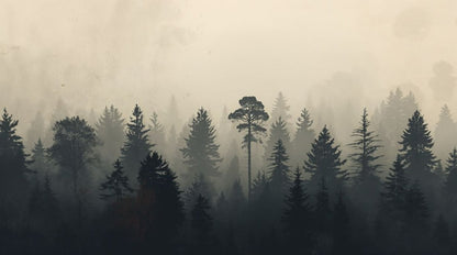Moody atmospheric Charcoal Gray misty forest featuring pine trees and fog - Wall Mural & Peel and Stick Wallpaper for Moody Interiors and Premium Home Styling.