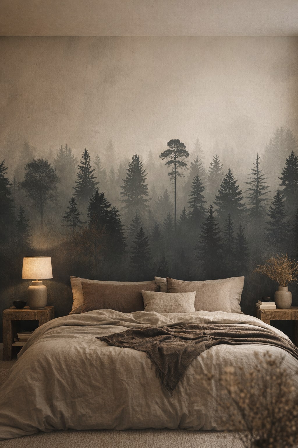 Wabi-sabi, muted earth-tone misty forest featuring fog - Wall Mural Peel and Stick Wallpaper for Wabi-sabi Master Bedroom.