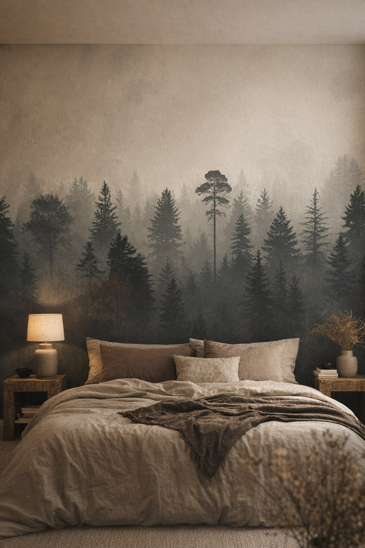 Wabi-sabi, muted earth-tone misty forest featuring fog - Wall Mural Peel and Stick Wallpaper for Wabi-sabi Master Bedroom.