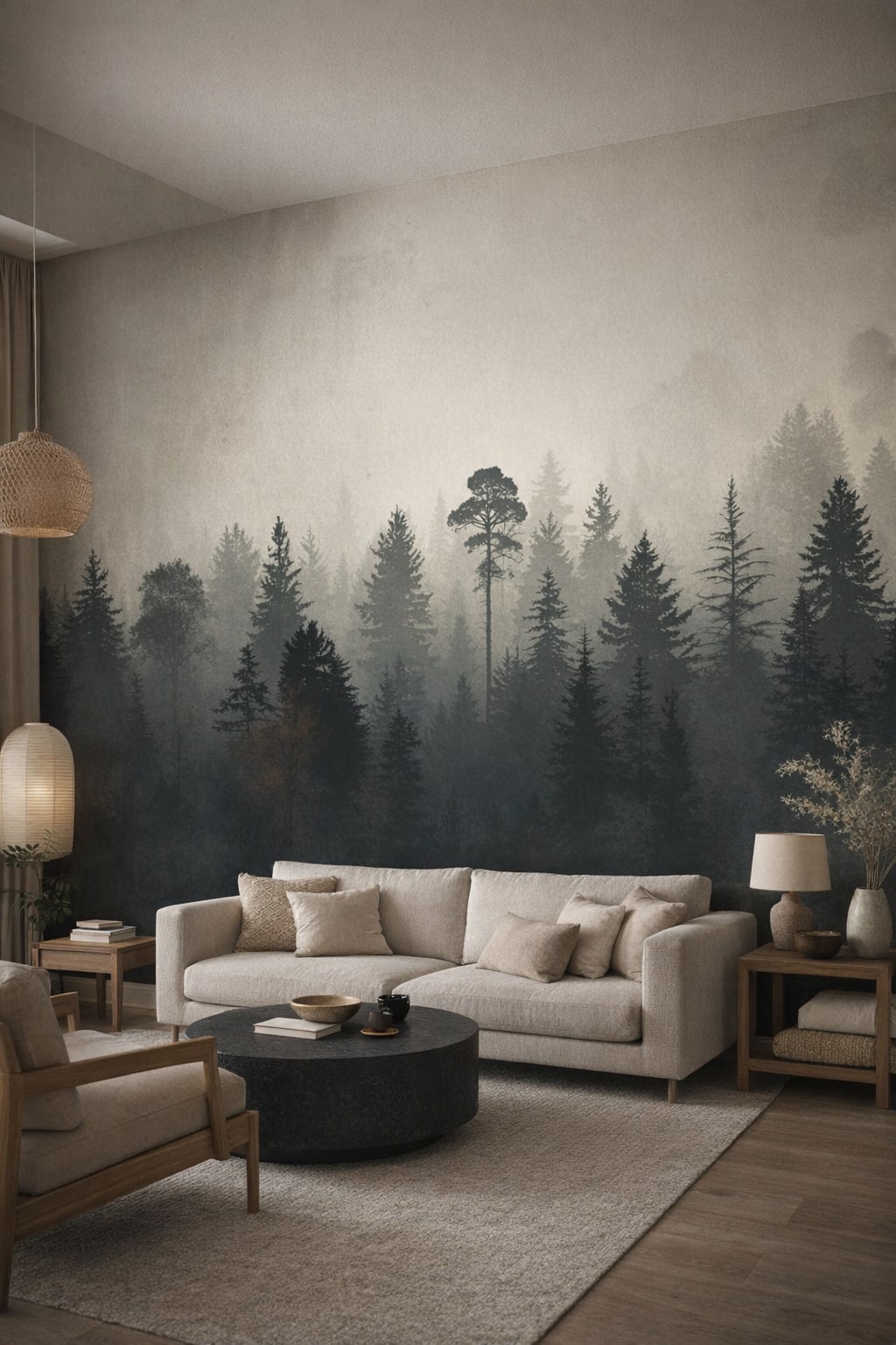Sand-toned Japandi misty forest featuring fog - Wall Mural Peel and Stick Wallpaper for Japandi Living Room.
