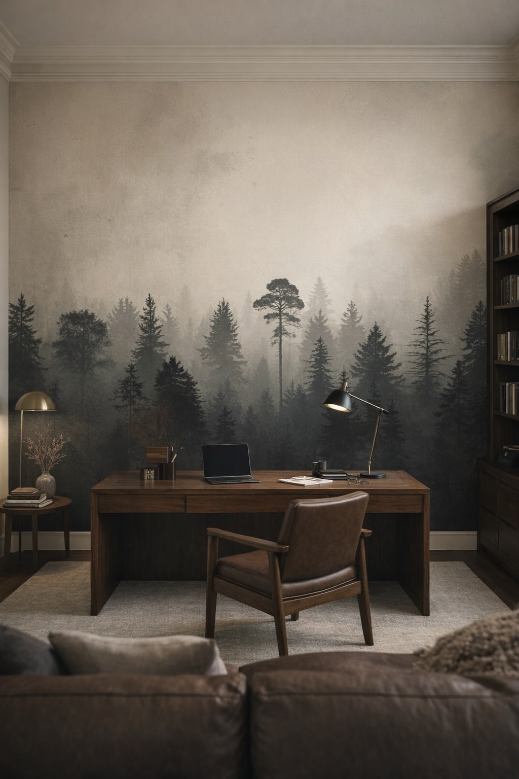 Greige quiet-luxury misty forest featuring fog - Wall Mural Peel and Stick Wallpaper for Quiet Luxury Executive Home Office.