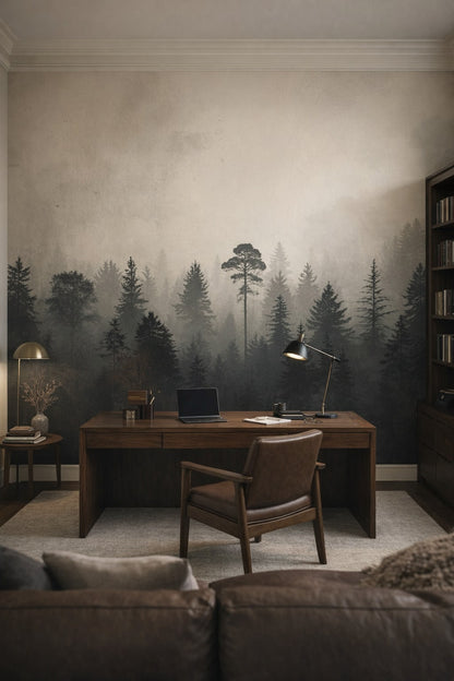 Greige quiet-luxury misty forest featuring fog - Wall Mural Peel and Stick Wallpaper for Quiet Luxury Executive Home Office.