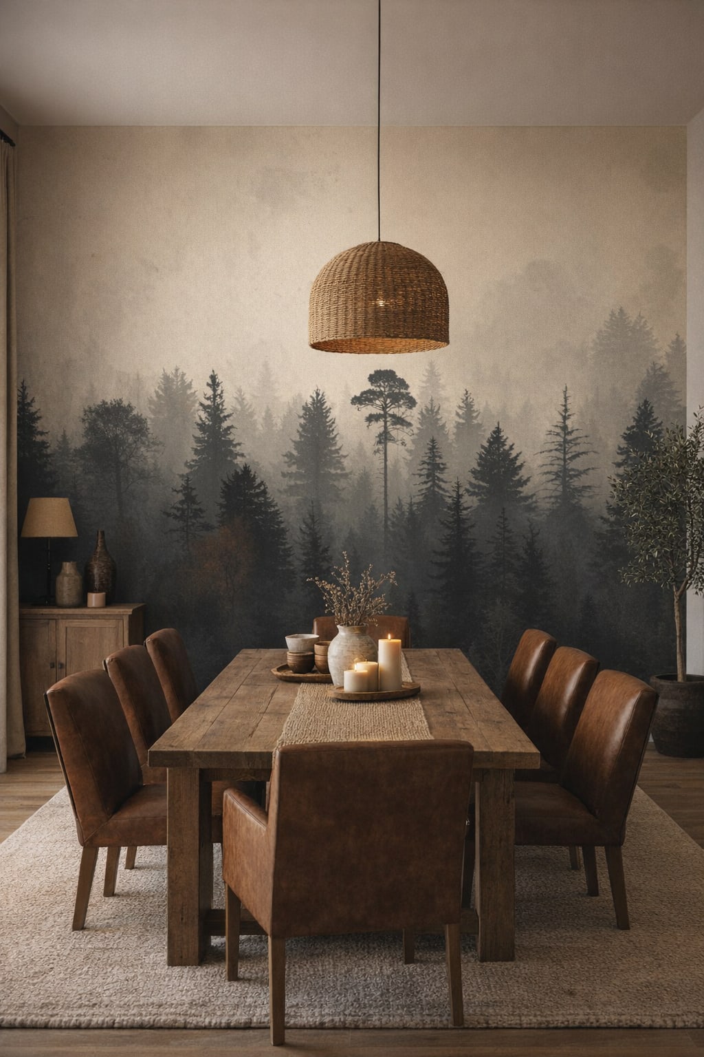 Sand-toned Rustic Modern misty forest featuring fog - Wall Mural Peel and Stick Wallpaper for Rustic Modern Dining Room.