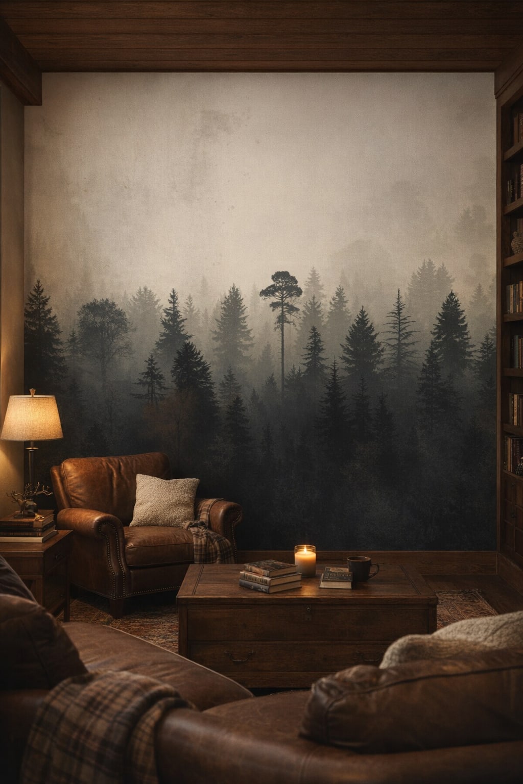 Rustic brown, forest-green misty forest featuring fog - Wall Mural Peel and Stick Wallpaper for Cabin / Lodge Den / Library.