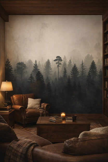 Rustic brown, forest-green misty forest featuring fog - Wall Mural Peel and Stick Wallpaper for Cabin / Lodge Den / Library.