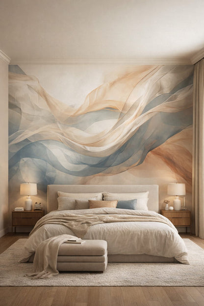 Greige quiet-luxury abstract flow - Wall Mural Peel and Stick Wallpaper for Quiet Luxury Master Bedroom.