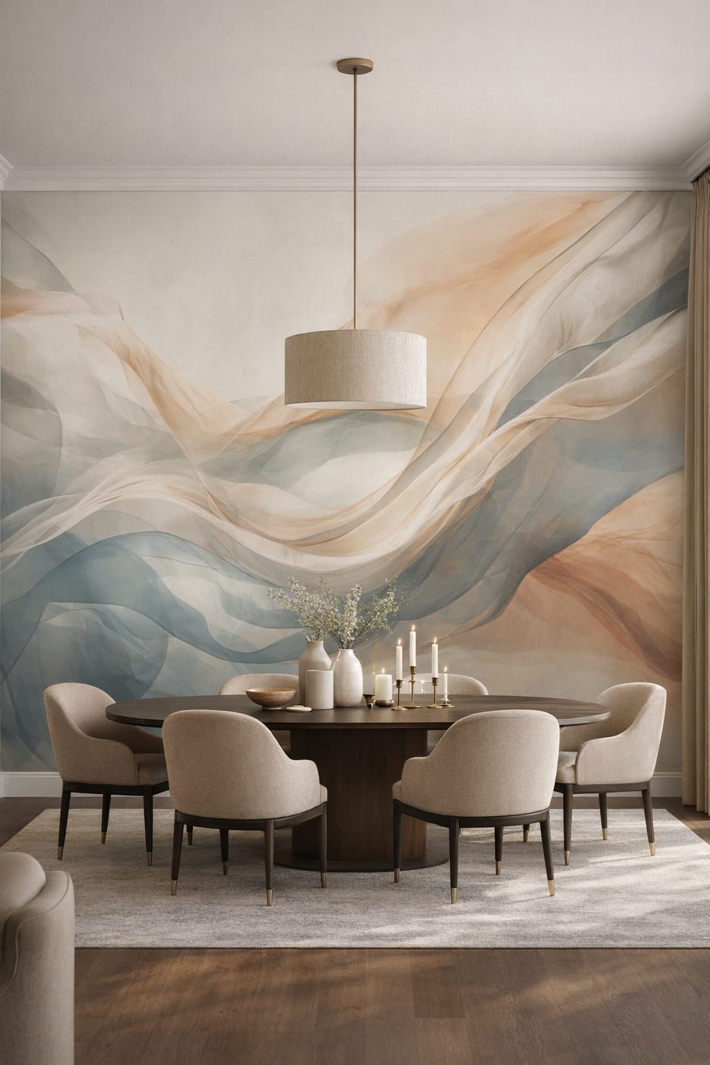 Warm white neutrals, taupe stone abstract flow - Wall Mural Peel and Stick Wallpaper for Luxury Contemporary Formal Dining Room.
