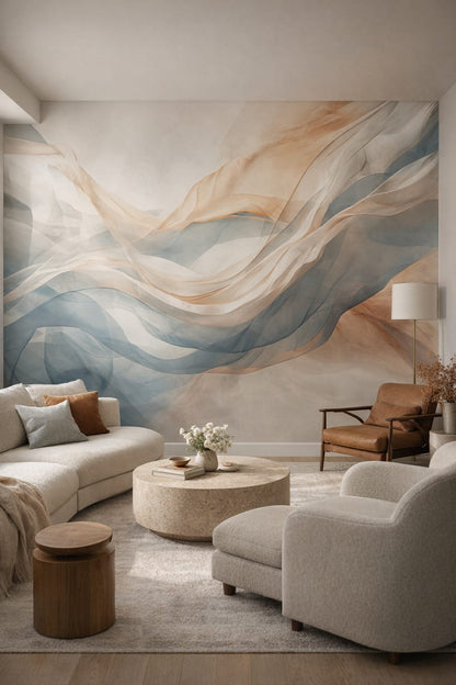 Cream-sand Organic Modern abstract flow - Wall Mural Peel and Stick Wallpaper for Organic Modern Living Room.