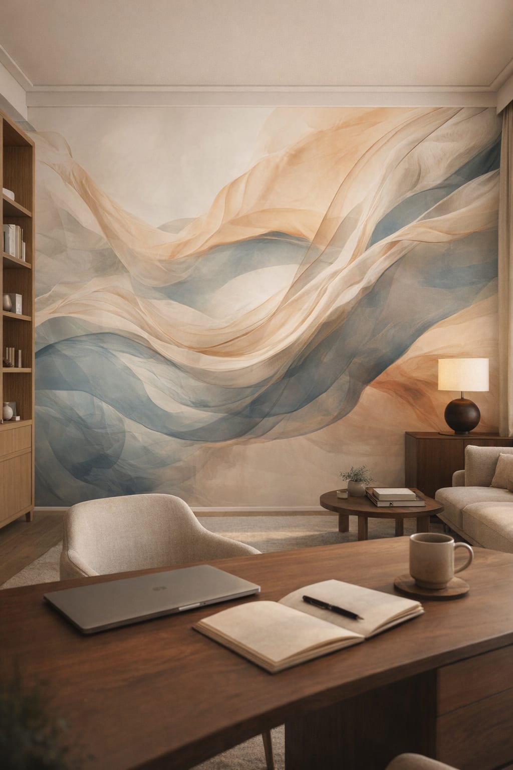 Japandi sand-toned abstract flow - Wall Mural Peel and Stick Wallpaper for Japandi Executive Home Office.