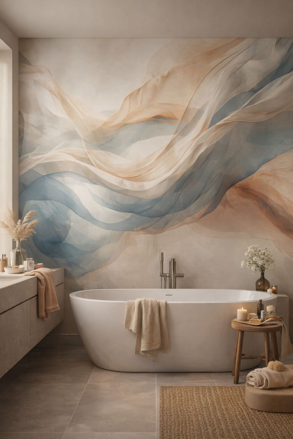 Modern (Modernist) neutral gray abstract flow - Wall Mural Peel and Stick Wallpaper for Modern (Modernist) Luxury Bathroom.