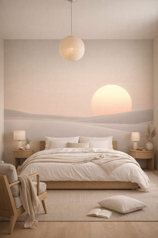 Japandi sand-toned desert sunrise featuring sand dunes - Wall Mural Peel and Stick Wallpaper for Japandi Master Bedroom.