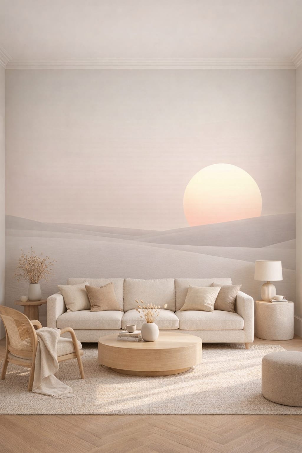 Cream-toned Organic Modern desert sunrise featuring sand dunes - Wall Mural Peel and Stick Wallpaper for Organic Modern Living Room.