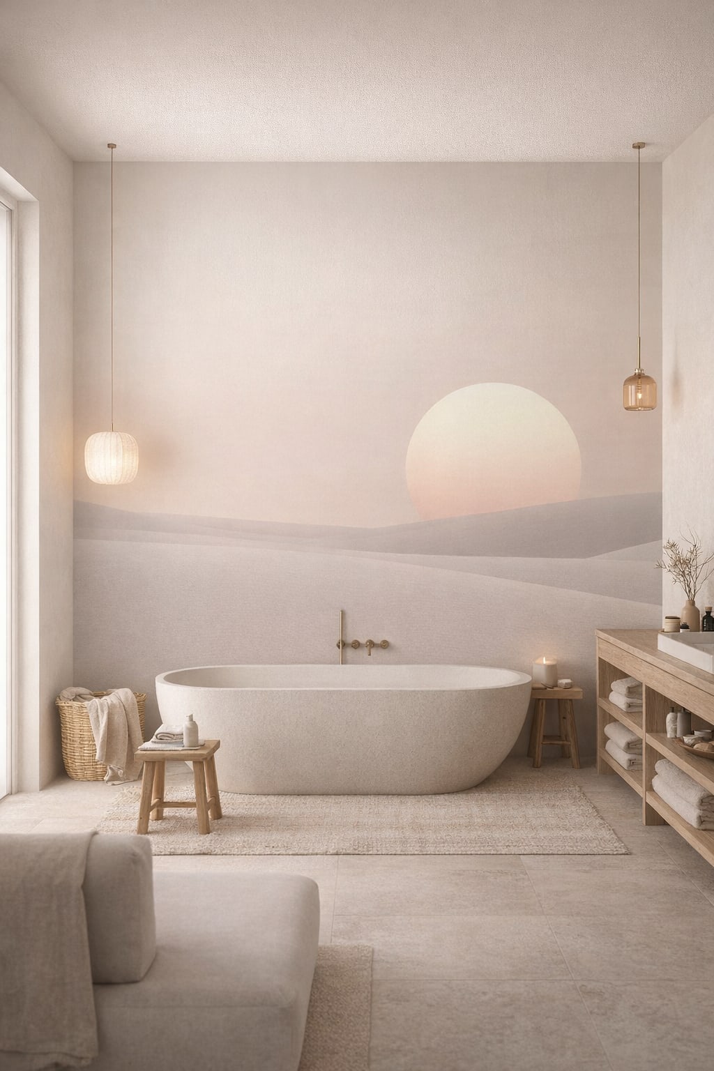 Wabi-sabi earthy desert sunrise featuring sand dunes - Wall Mural Peel and Stick Wallpaper for Wabi-sabi Luxury Bathroom.