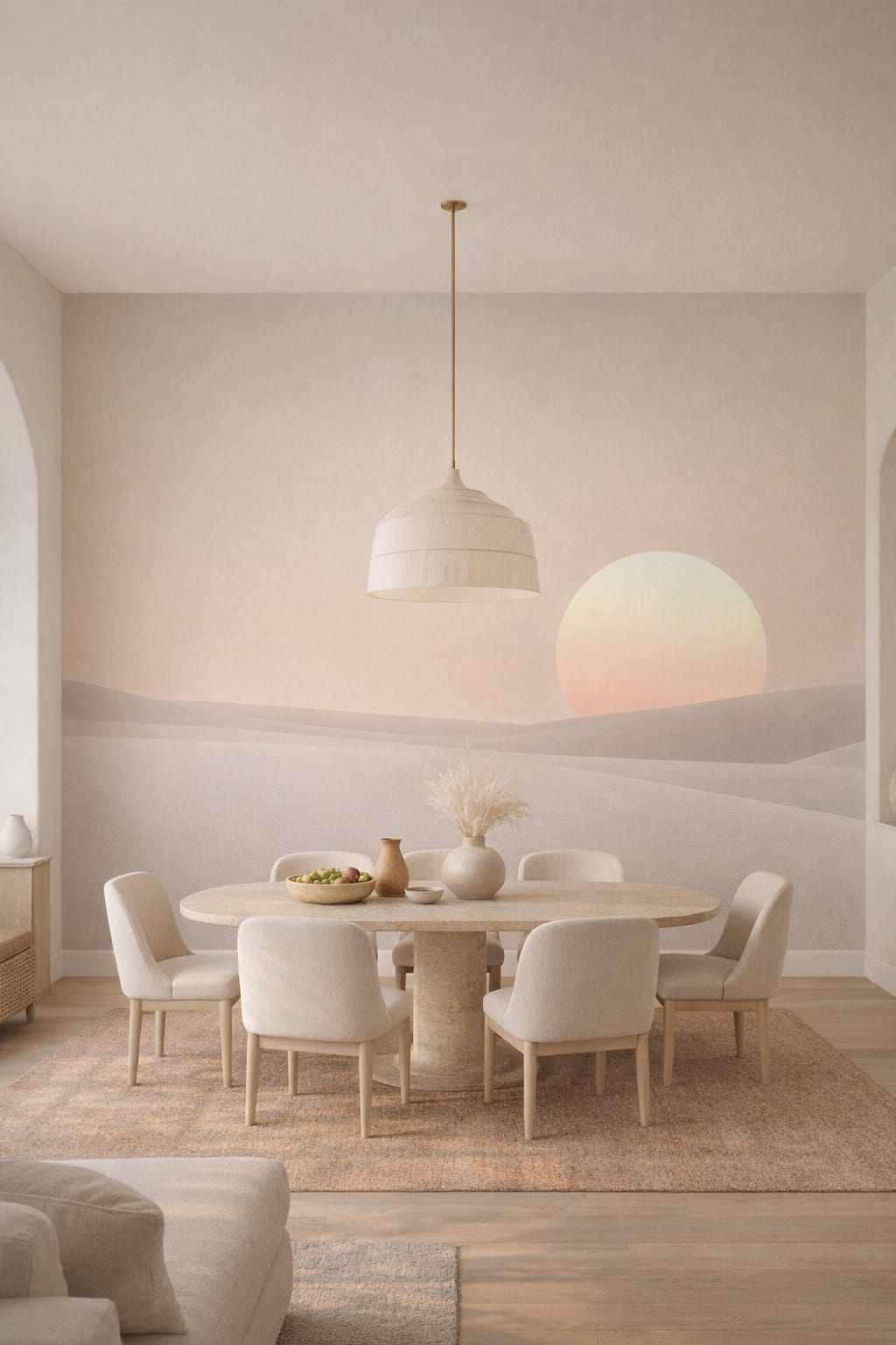 Mediterranean Modern sand-toned desert sunrise featuring sand dunes - Wall Mural Peel and Stick Wallpaper for Mediterranean Modern Formal Dining Room.