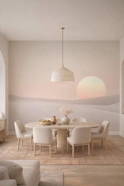 Mediterranean Modern sand-toned desert sunrise featuring sand dunes - Wall Mural Peel and Stick Wallpaper for Mediterranean Modern Formal Dining Room.