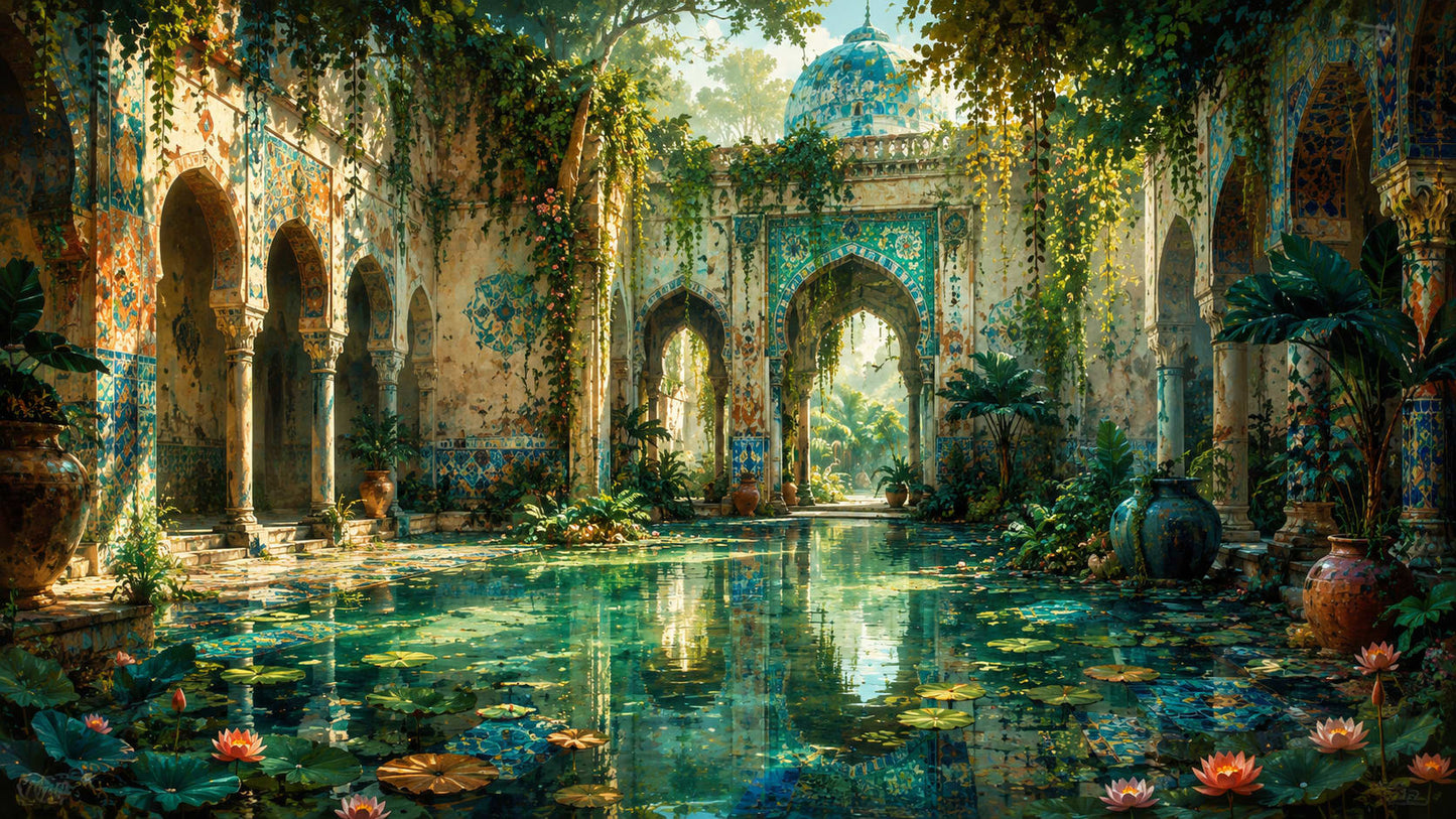 Ornate Sunlit Teal Moorish Courtyard featuring Reflecting Pool and Lily Pads - Wall Mural & Peel and Stick Wallpaper for Mural Scene Interiors and Premium Home Styling