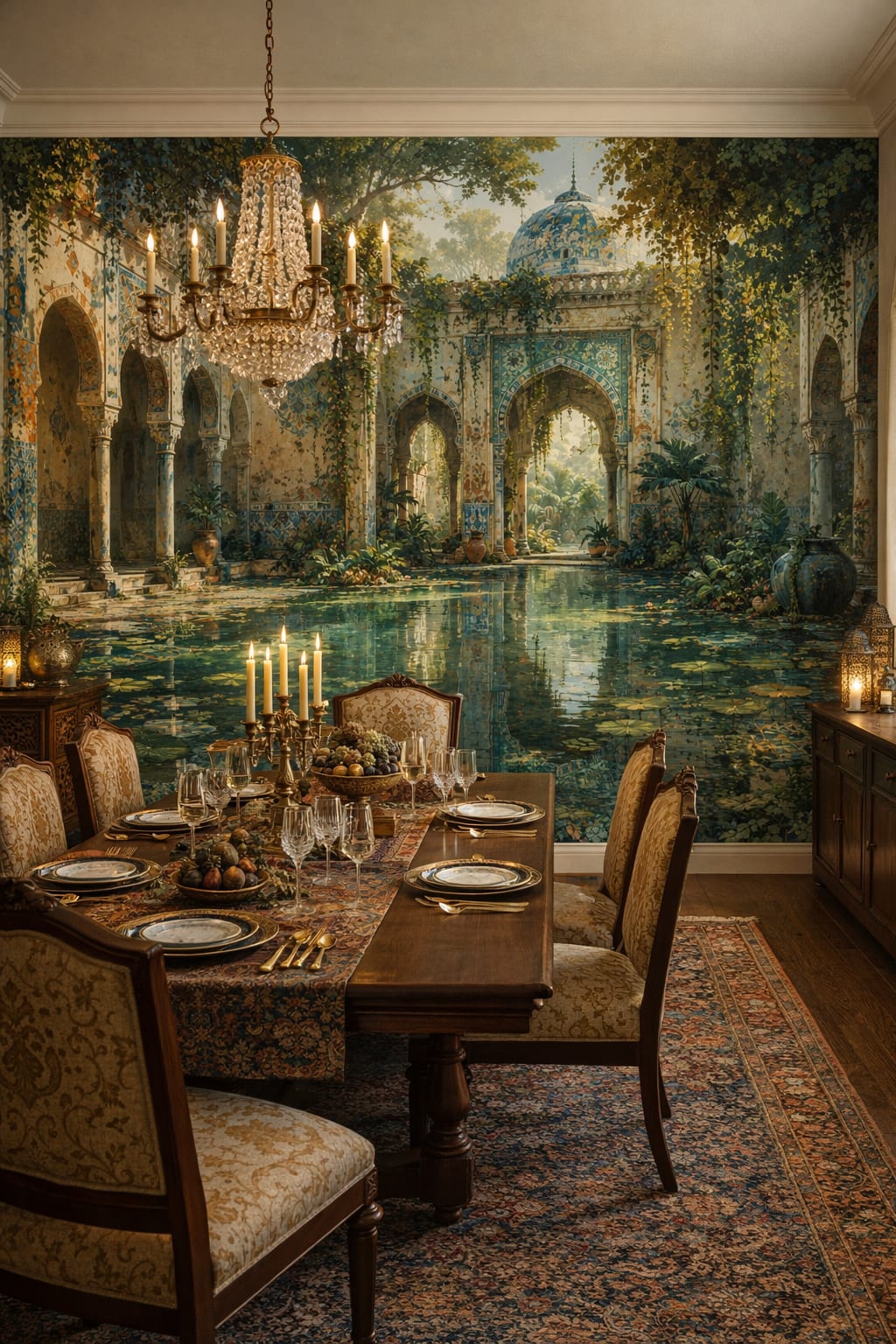 Moorish teal Moorish courtyard featuring reflecting pool - Wall Mural Peel and Stick Wallpaper for Moorish Formal Dining Room.