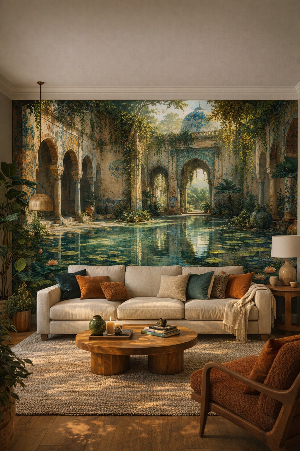 Green-neutral Moorish courtyard featuring reflecting pool - Wall Mural Peel and Stick Wallpaper for Biophilic Design Living Room.
