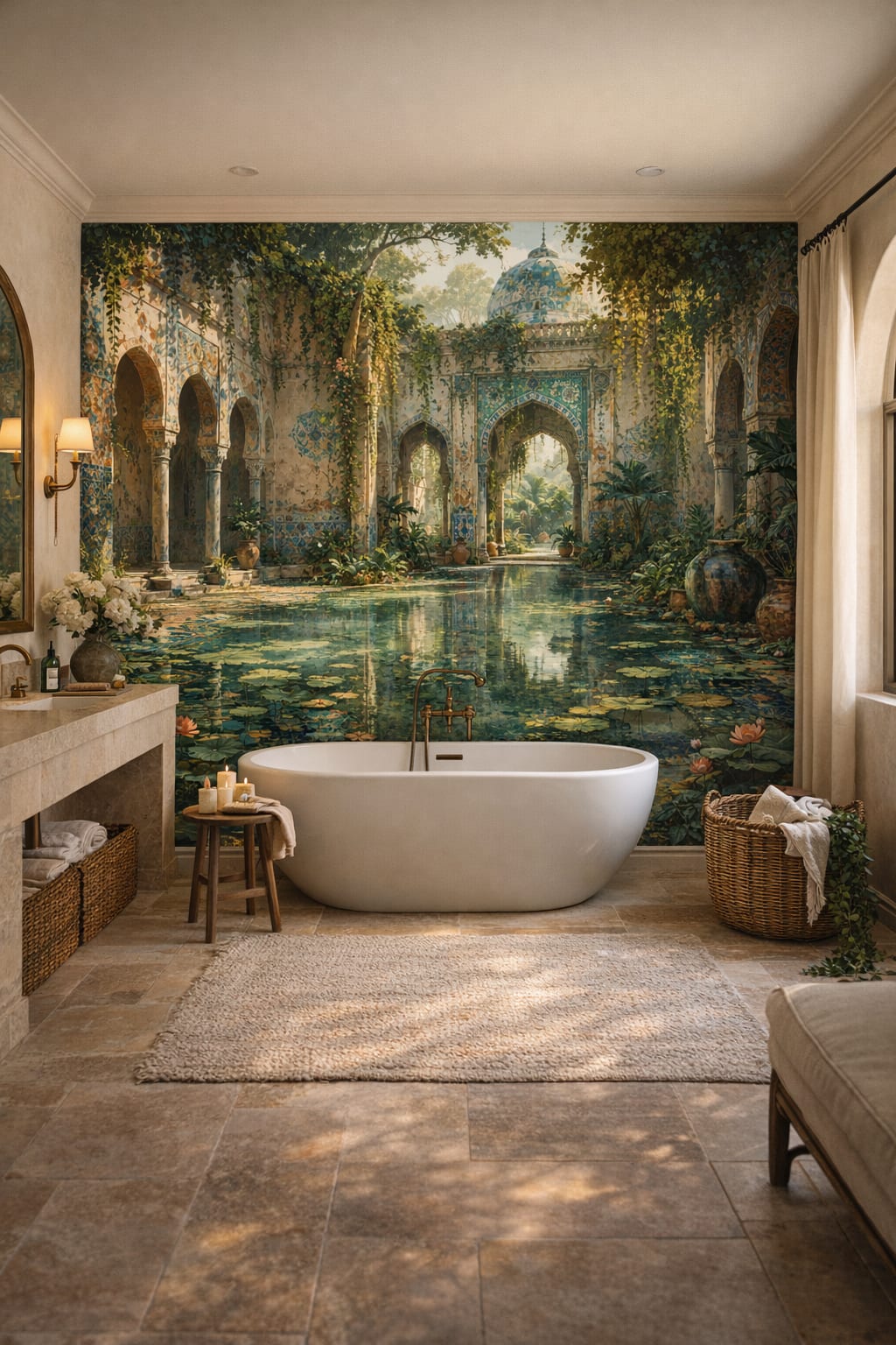 Mediterranean white-blue Moorish courtyard featuring reflecting pool - Wall Mural Peel and Stick Wallpaper for Mediterranean Luxury Bathroom.