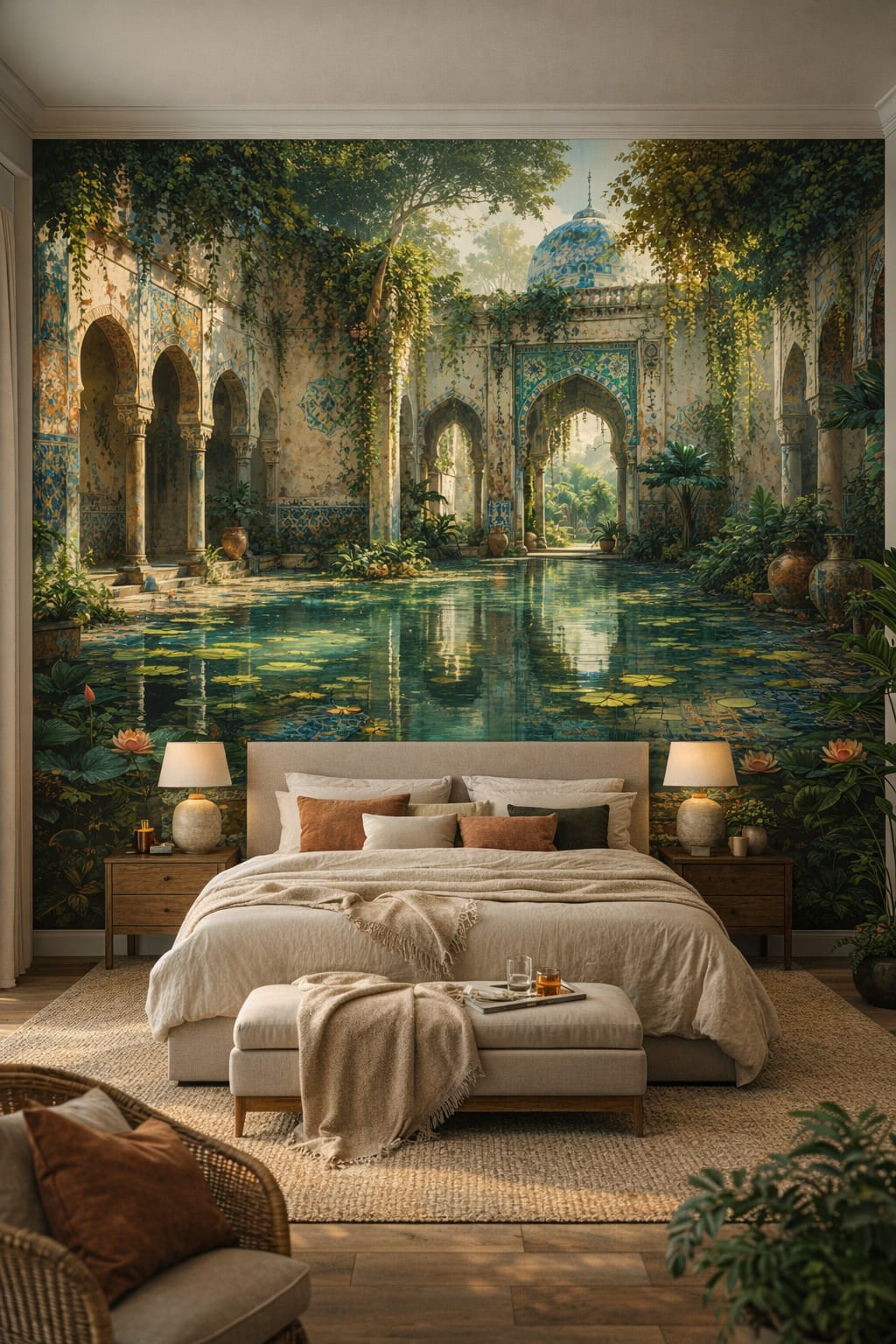 Tropical Modern green-white Moorish courtyard featuring reflecting pool - Wall Mural Peel and Stick Wallpaper for Tropical Modern Master Bedroom.