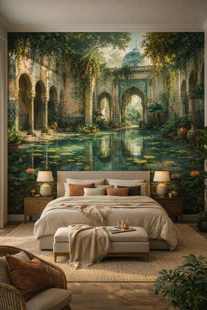 Tropical Modern green-white Moorish courtyard featuring reflecting pool - Wall Mural Peel and Stick Wallpaper for Tropical Modern Master Bedroom.
