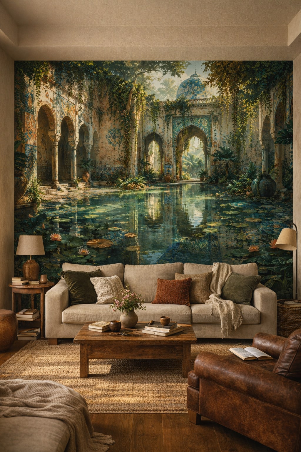 Muted earthy Wabi-sabi Moorish courtyard featuring reflecting pool - Wall Mural Peel and Stick Wallpaper for Wabi-sabi Reading Room.