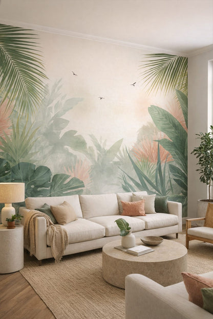 Tropical Modern white-green tropical foliage featuring palm fronds - Wall Mural Peel and Stick Wallpaper for Tropical Modern Living Room.