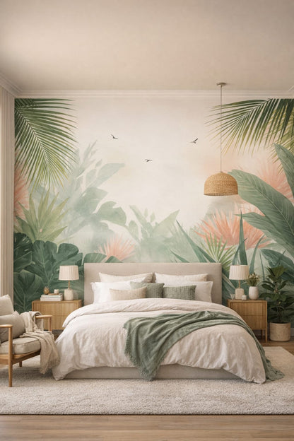 Organic Modern cream-sand tropical foliage featuring birds - Wall Mural Peel and Stick Wallpaper for Organic Modern Master Bedroom.