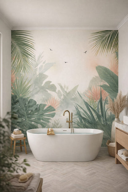 Biophilic green-neutral tropical foliage featuring birds - Wall Mural Peel and Stick Wallpaper for Biophilic Design Luxury Bathroom.
