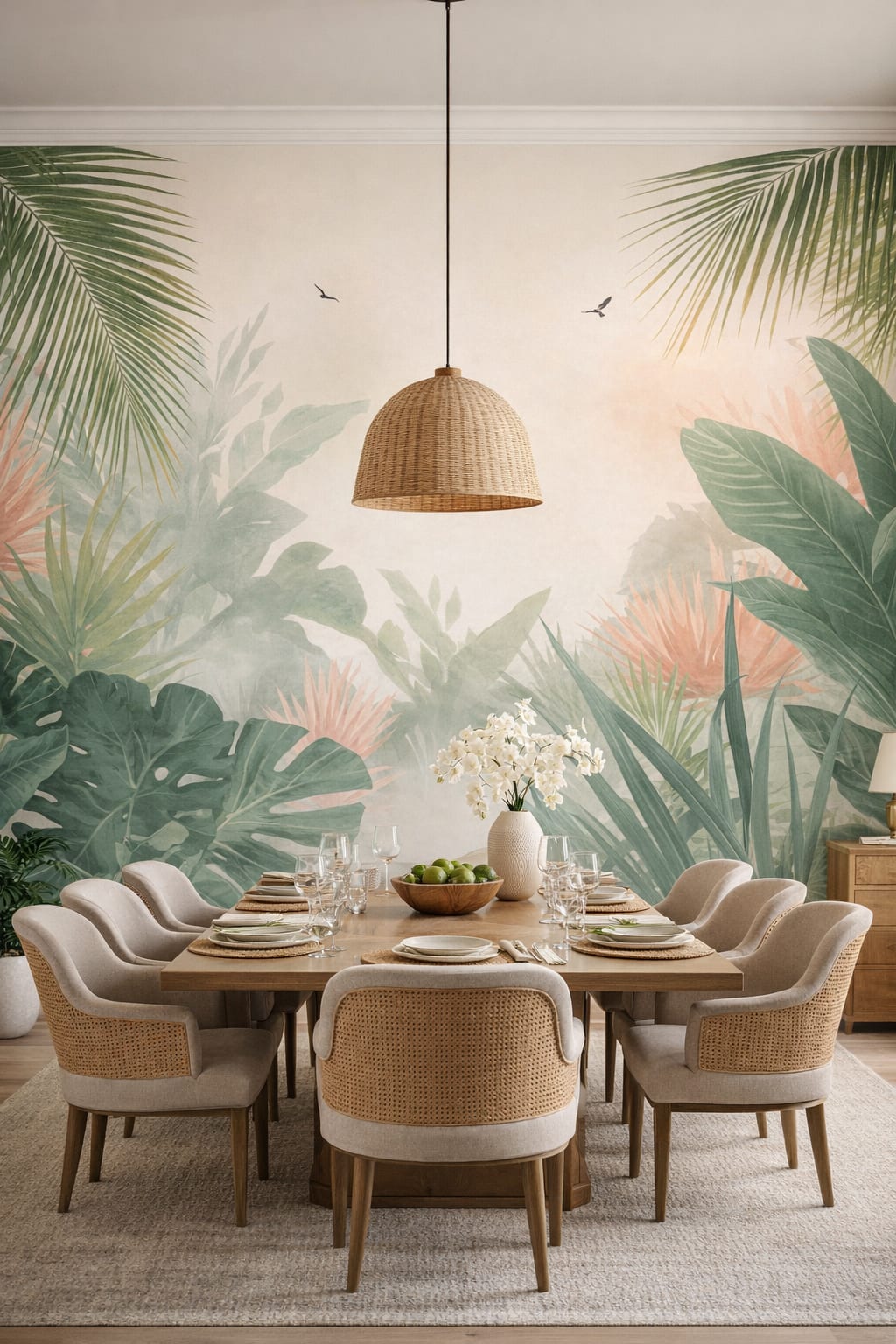 Resort Style sand-white tropical foliage featuring palm fronds - Wall Mural Peel and Stick Wallpaper for Resort Style Formal Dining Room.