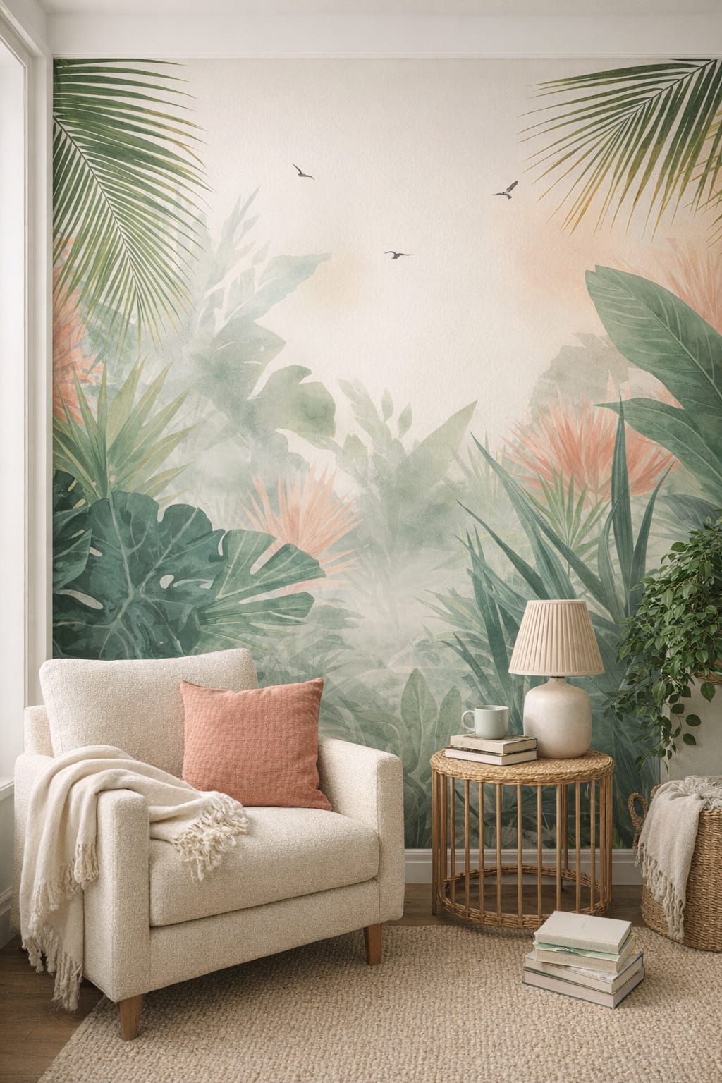 Coastal sand-white tropical foliage featuring birds - Wall Mural Peel and Stick Wallpaper for Coastal Reading Nook.