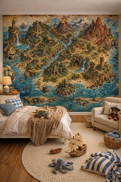 Sky blue coastal pirate treasure map featuring pirate ships - Wall Mural Peel and Stick Wallpaper for Coastal Kids Kids Bedroom.