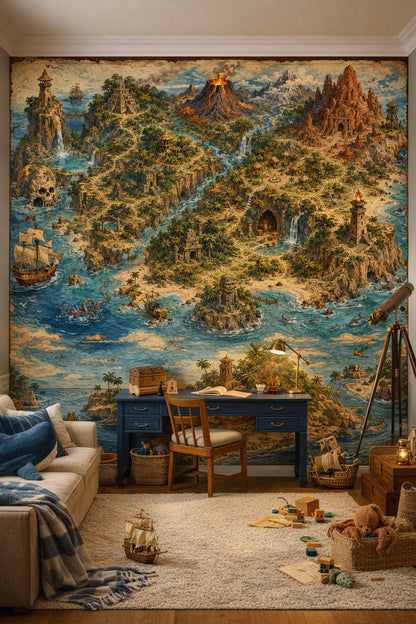 Navy brass pirate treasure map featuring pirate ships - Wall Mural Peel and Stick Wallpaper for Preppy / Nautical Homework / Study Corner.