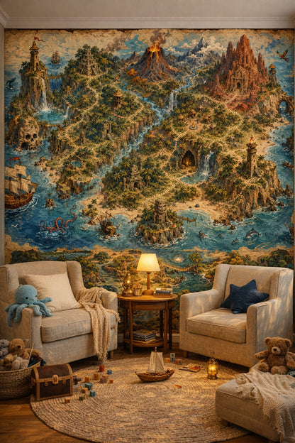 Dusty rose Classic Storybook pirate treasure map featuring tropical island - Wall Mural Peel and Stick Wallpaper for Classic Storybook Reading Corner.
