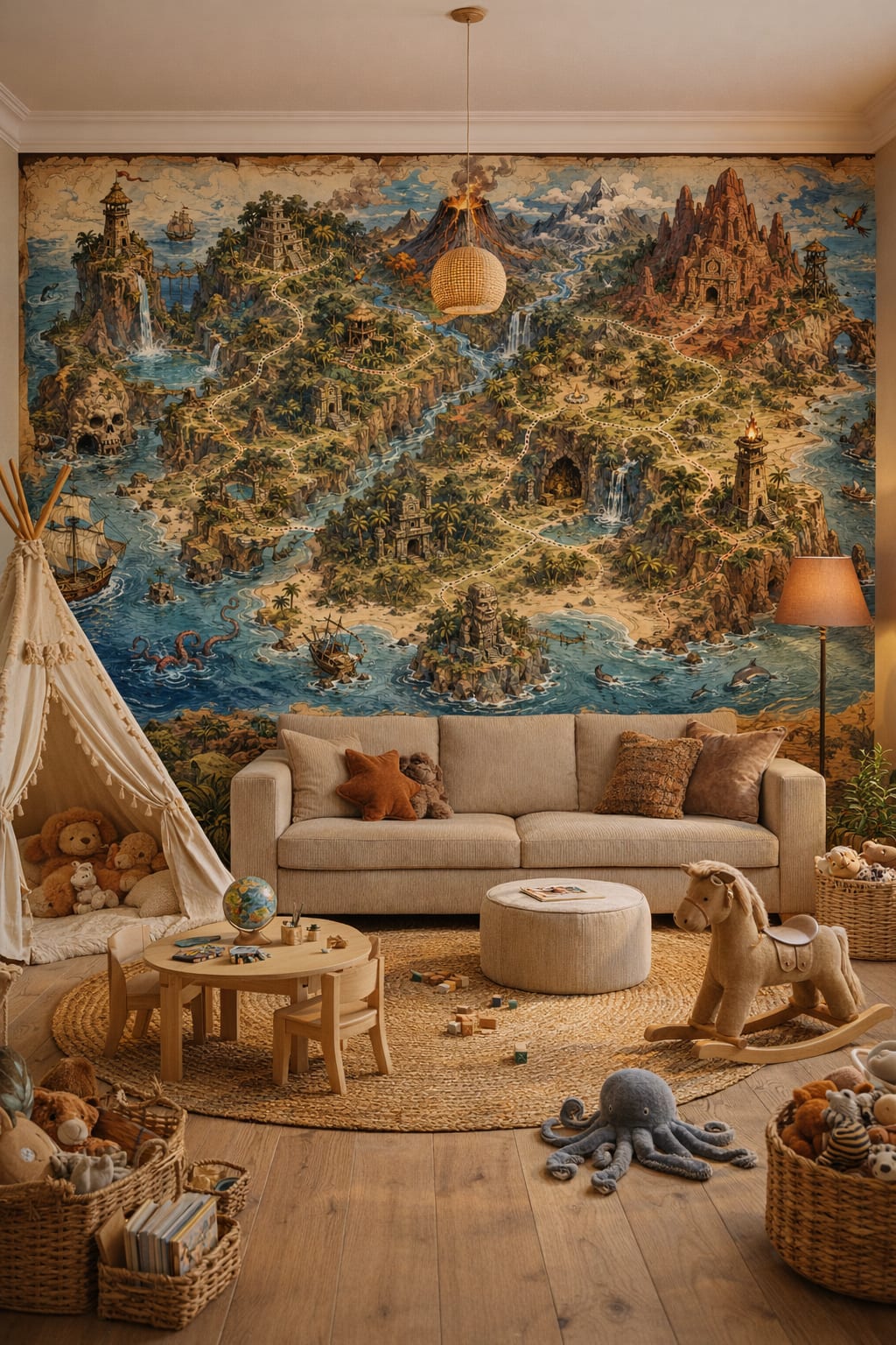 Olive sand pirate treasure map featuring pirate ships - Wall Mural Peel and Stick Wallpaper for Modern Safari Playroom.