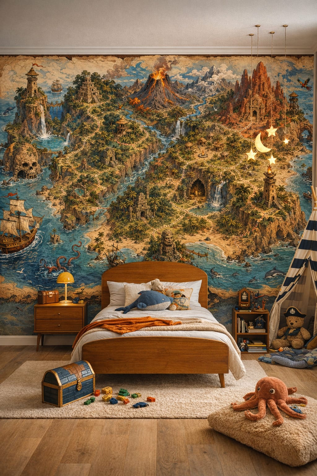 Mid-century Kids teal-orange pirate treasure map featuring tropical island - Wall Mural Peel and Stick Wallpaper for Mid-century Kids Kids Bedroom.