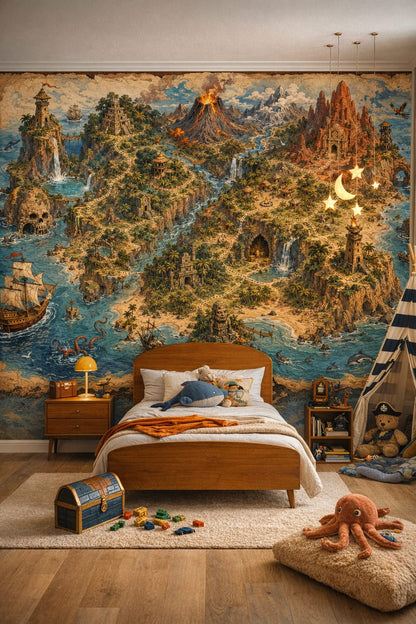 Mid-century Kids teal-orange pirate treasure map featuring tropical island - Wall Mural Peel and Stick Wallpaper for Mid-century Kids Kids Bedroom.