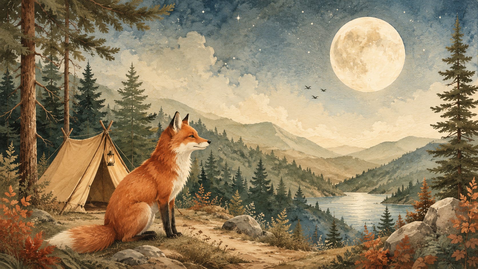 Storybook Painterly Blue Fox featuring full moon and camping tent - Wall Mural & Peel and Stick Wallpaper for Painterly Nursery or Kids Room