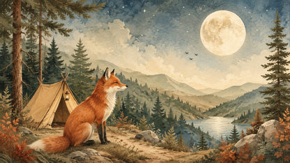 Storybook Painterly Blue Fox featuring full moon and camping tent - Wall Mural & Peel and Stick Wallpaper for Painterly Nursery or Kids Room