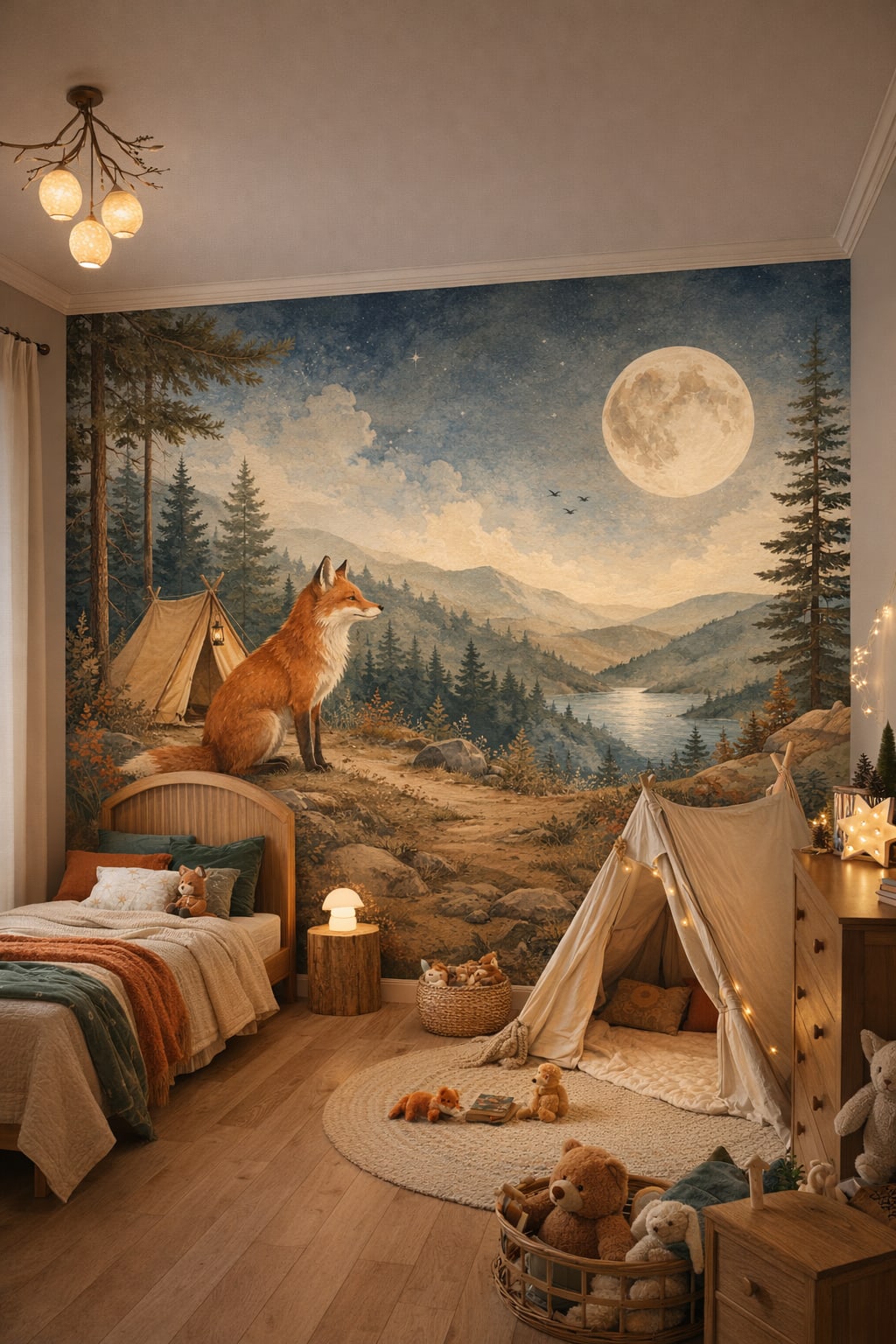 Woodland moss-green fox featuring full moon - Wall Mural Peel and Stick Wallpaper for Woodland / Forest Kids Bedroom.
