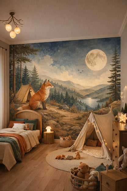 Woodland moss-green fox featuring full moon - Wall Mural Peel and Stick Wallpaper for Woodland / Forest Kids Bedroom.