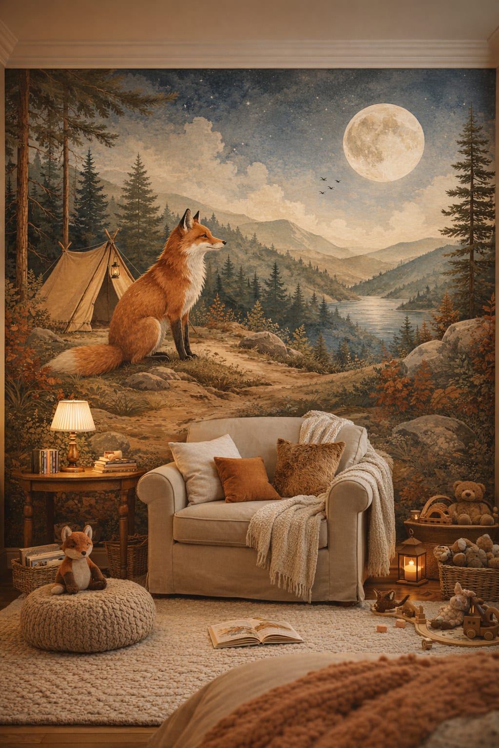 Classic cream fox featuring full moon - Wall Mural Peel and Stick Wallpaper for Classic Storybook Reading Corner.