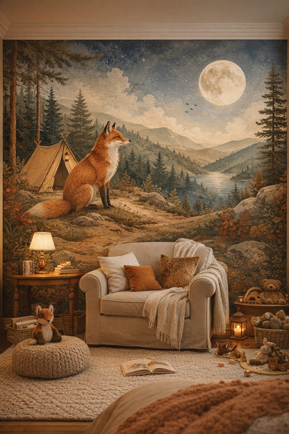 Classic cream fox featuring full moon - Wall Mural Peel and Stick Wallpaper for Classic Storybook Reading Corner.