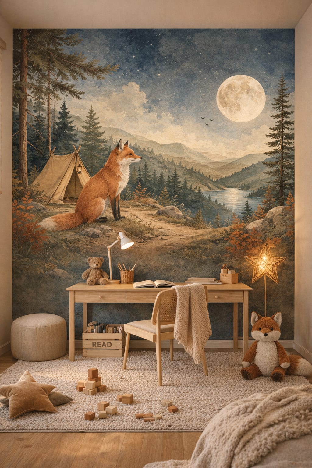 Scandi light-gray fox featuring full moon - Wall Mural Peel and Stick Wallpaper for Scandi Kids Homework / Study Corner.