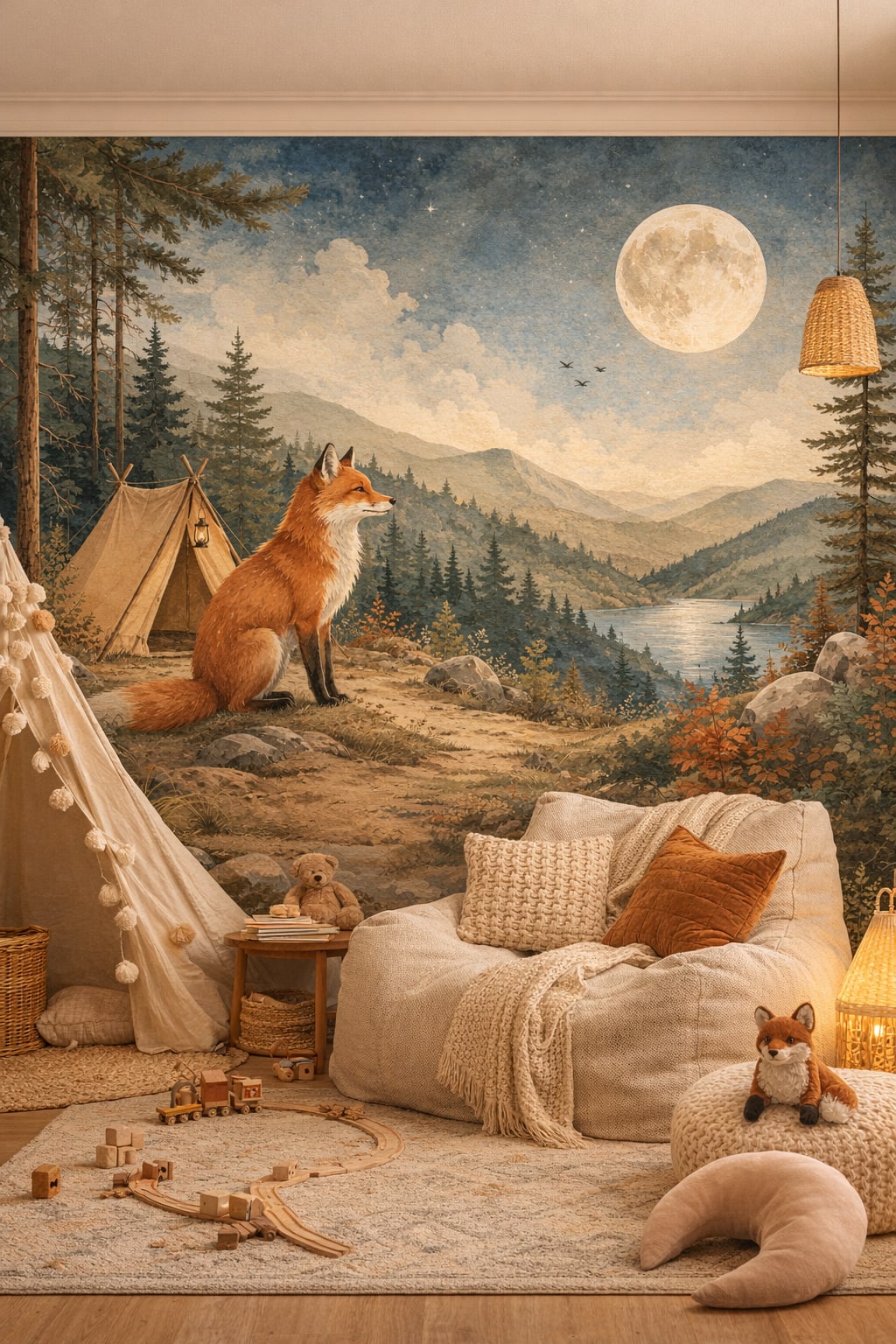 Boho terracotta fox featuring full moon - Wall Mural Peel and Stick Wallpaper for Whimsical Boho Playroom.