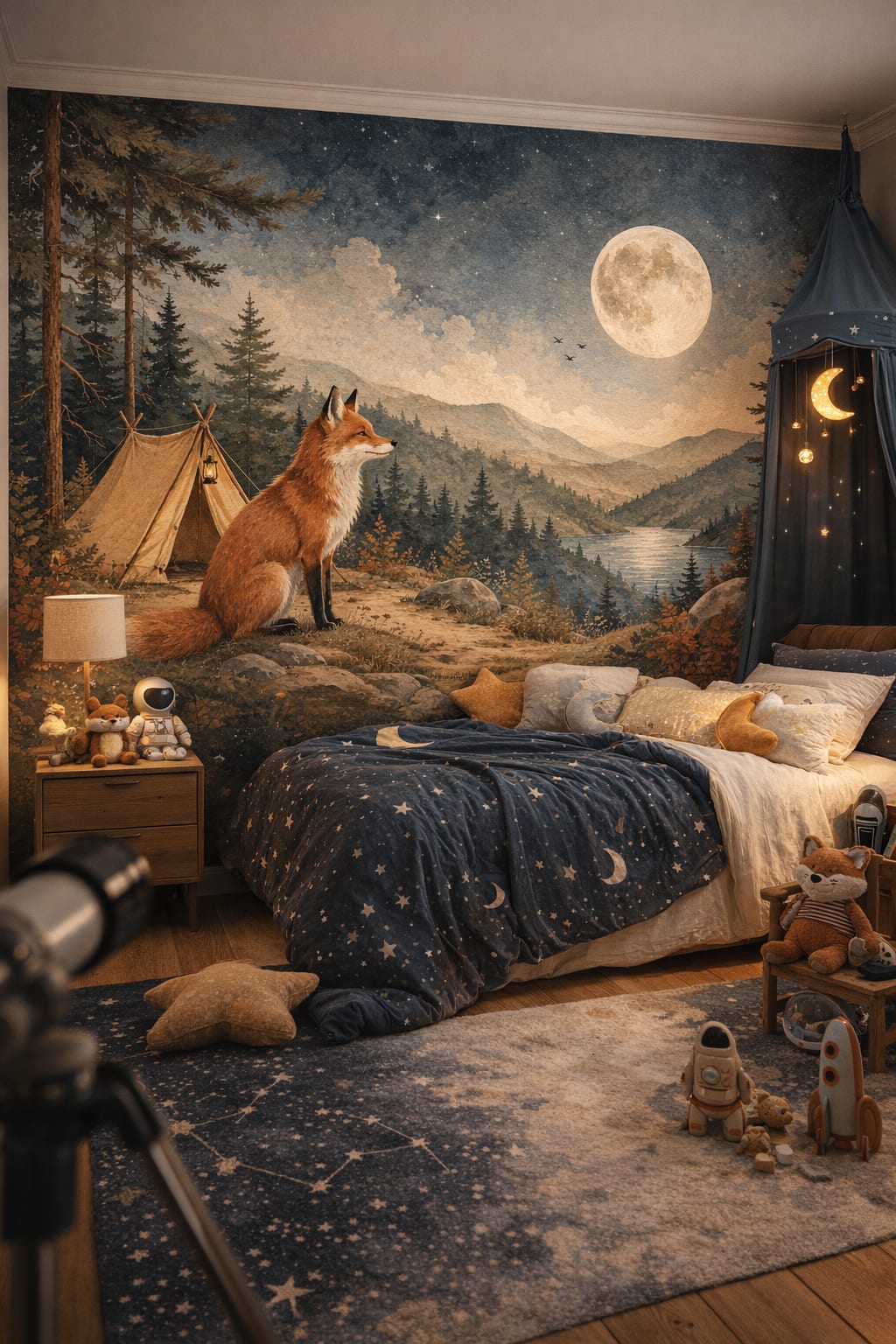 Celestial navy fox featuring full moon - Wall Mural Peel and Stick Wallpaper for Outer Space / Celestial Kids Bedroom.